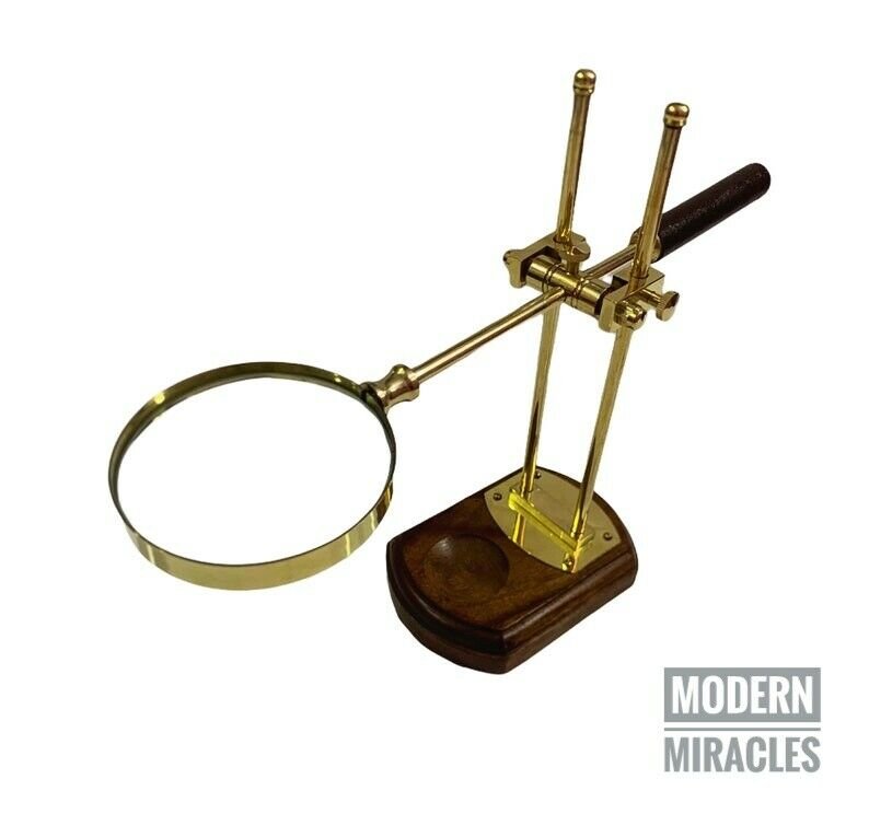 Shinny Brass Adjustable Magnifying Glass/Reading Magnifier Lens/Wooden Base Lens