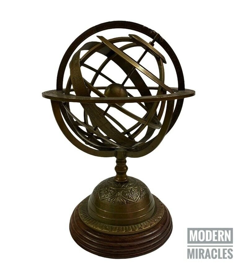 10" Nautical Antique Brass Engraved Armillary Globe on Wooden Base Office & Home