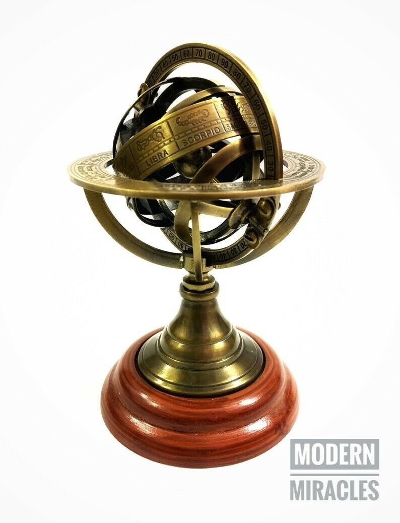 Brass Armillary Sphere Astrolabe on Wooden Base Maritime Nautical Collectible