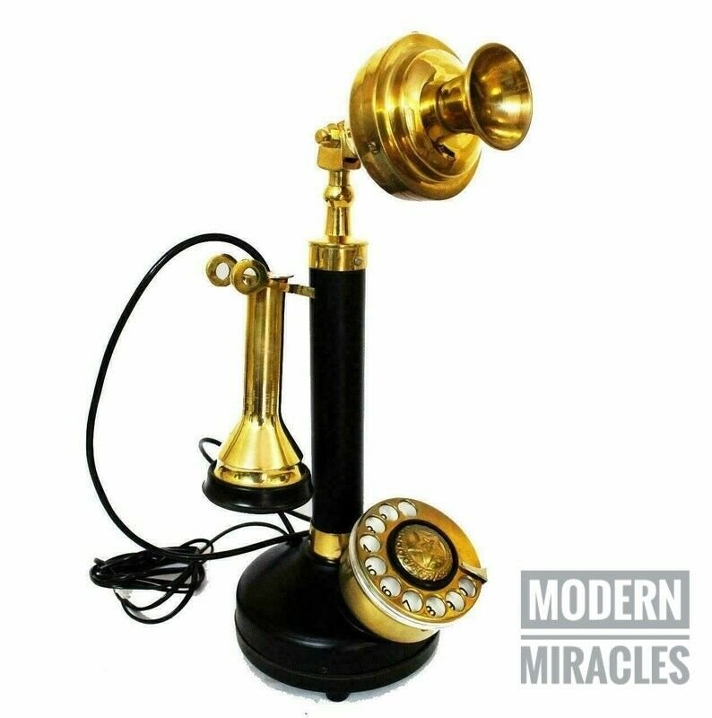 Gold Brass American Landline Telephone Vintage Rotary Dial Candlestick Phone