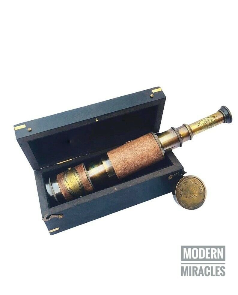 Nautical Antique Kelvin & Hughes London Brass Leather Telescope With Wooden Box