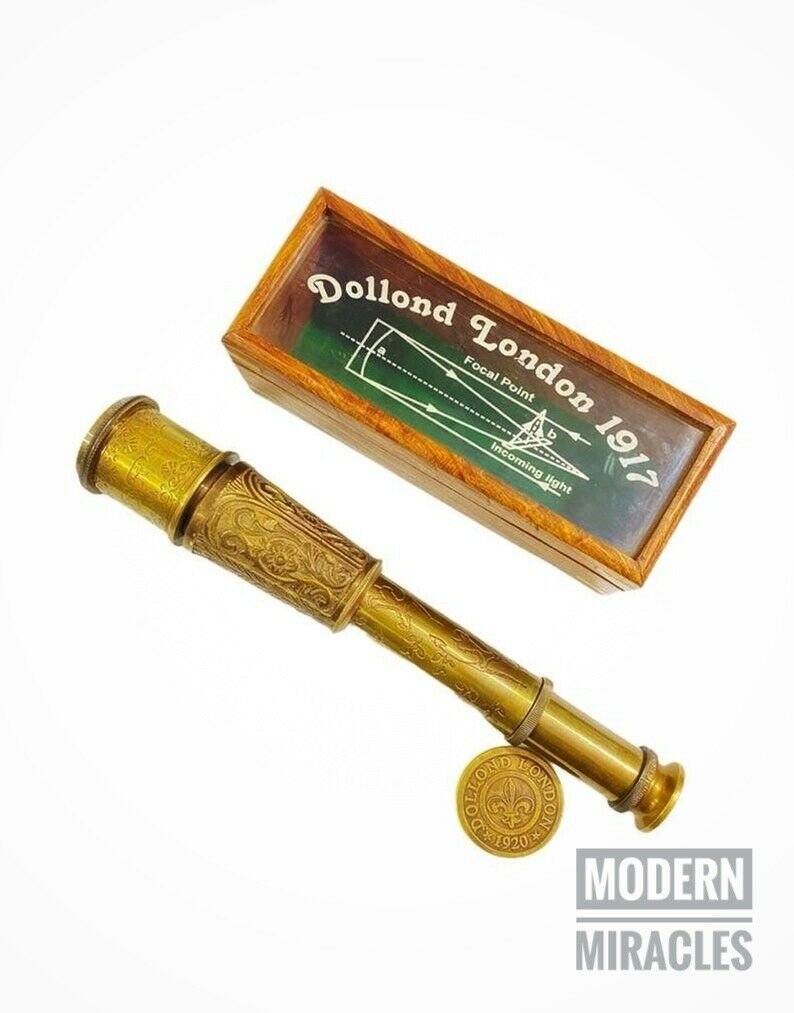 16" Nautical Antique Brass Engraved Telescope Marine Nautical Spyglass with Wood
