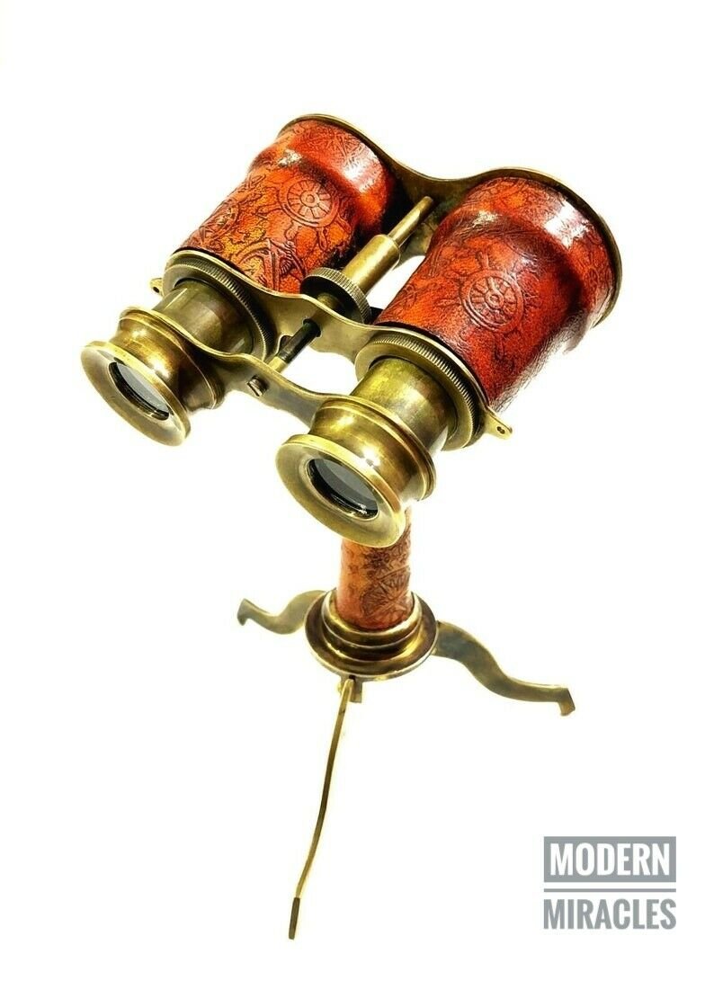 Nautical Brass Marine Navy Leather Binocular Antique Monocular with Brass Stand