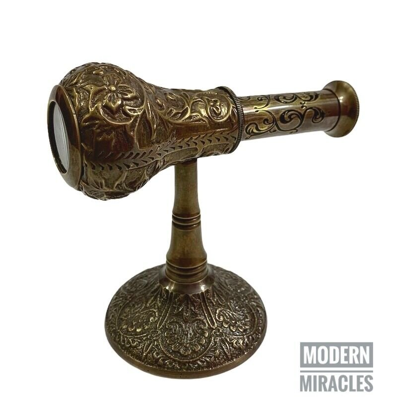 6" Nautical Brass Engraved Telescope Spyglass Scope on Brass Stand Office Desk