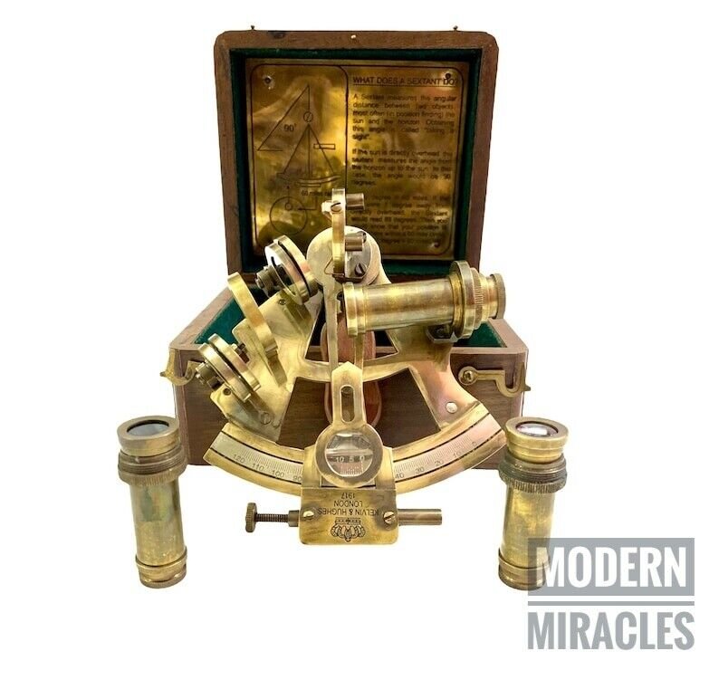 Antique Nautical Brass Ship Sextant with Extra 2 Vintage Telescope in Wooden Box