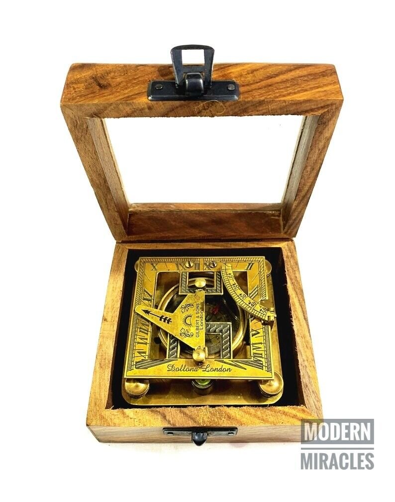 Nautical Brass Square Sundial Compass with Wooden Base-Dollond London-Handmade