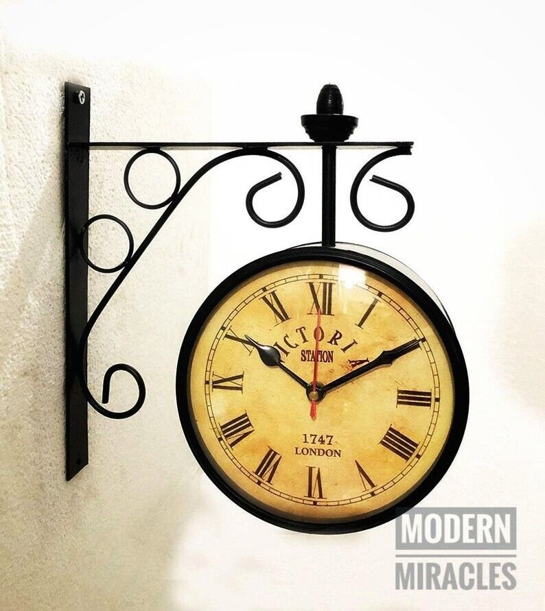 Victoria Station Double Sided Railway Black Powder Coated Clock Functional Clock