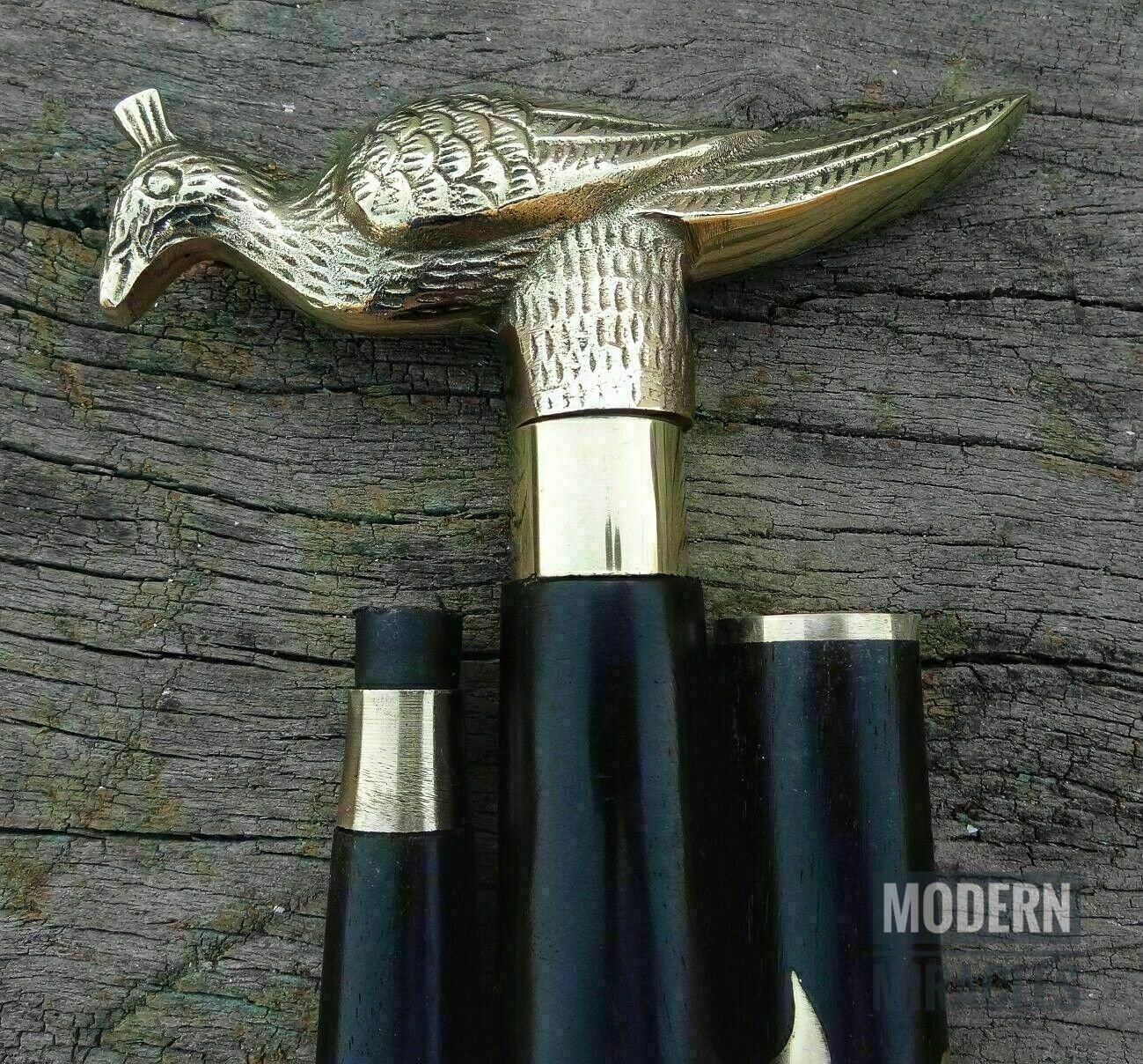 Vintage Brass Peacock Handle Wooden Folding Compaq Black Walking Stick Gift Xmas