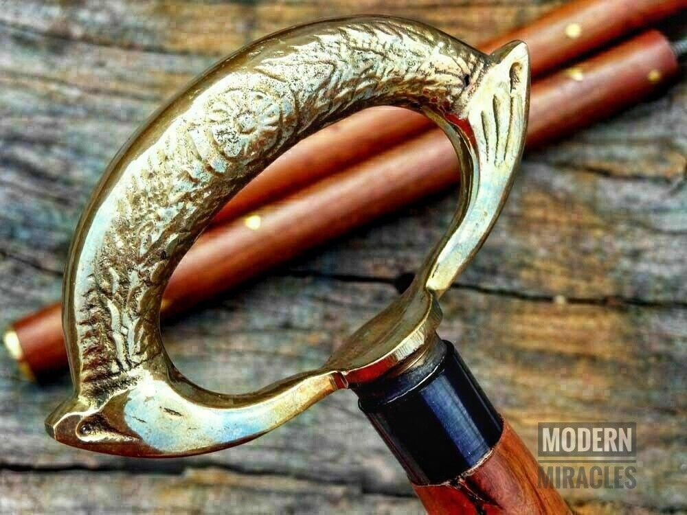 Vintage Brass Halloween Look Handle Wooden Folding Black Walking Stick Gift Xmas