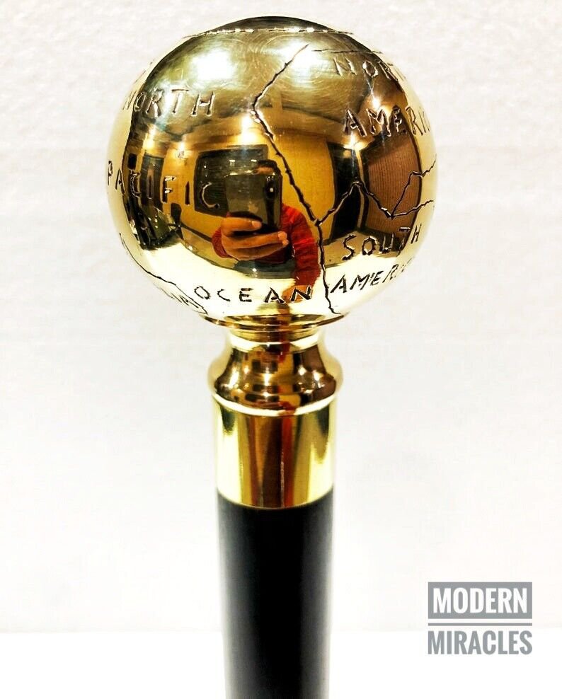 Vintage Brass Globe Handle Wooden Folding Compaq Black Walking Stick Wood Gift
