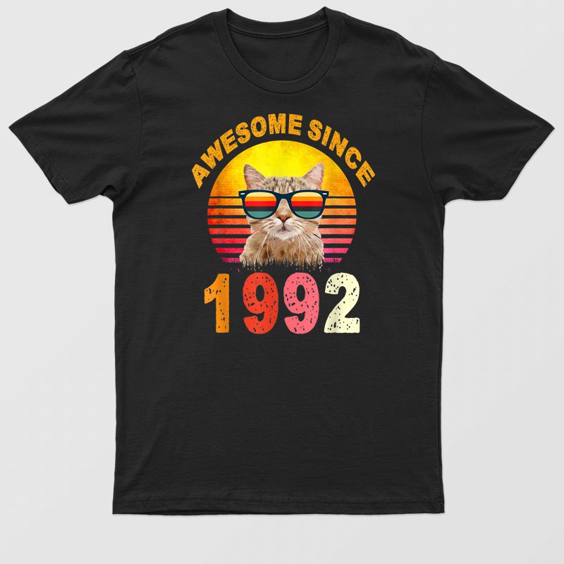 30th Birthday Vintage Cat Awesome Since 1992 Gift T-Shirt For Men & Women