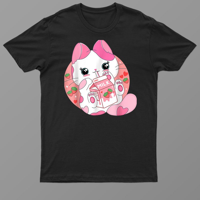 Anime Kawaii Cat Strawberry Milk Women Men Teen Boy Girl Kid Shirt For Men Women