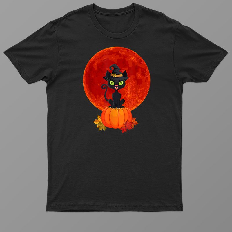 Black Cat On Pumpkin Full Moon Halloween Cute Cat Lover Shirt