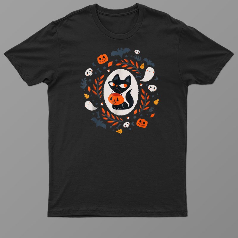 Black Cat Pumpkin Halloween Ghost Jack O Lantern Costume Shirt
