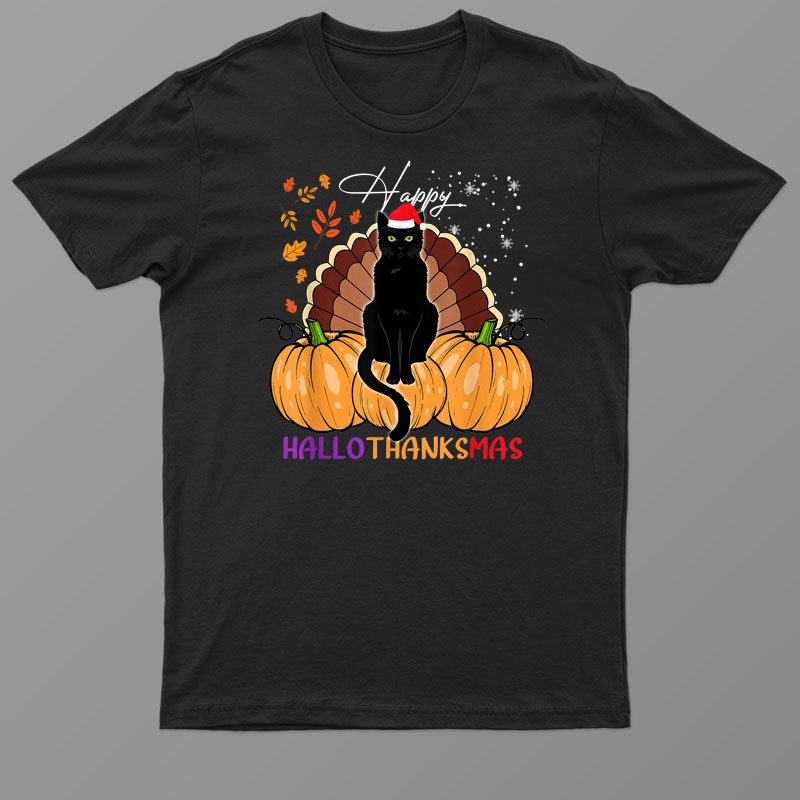 Black Cat Santa Hat Happy Hallothanksmas Pumpkin Season Shirt