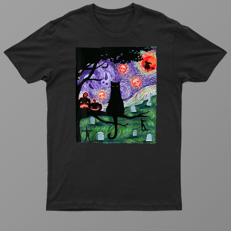 Black Cat Scary Night Cat Van Gogh Halloween Shirt