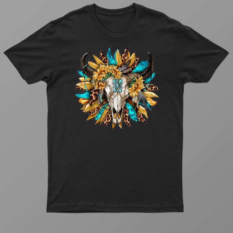 Boho Bull Skull Cow Skull Western Sunflower Shirt For Men - Women