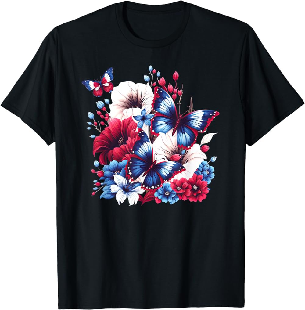 Butterfly Flowers - Red White and Blue 4th of July Patriotic T-Shirt