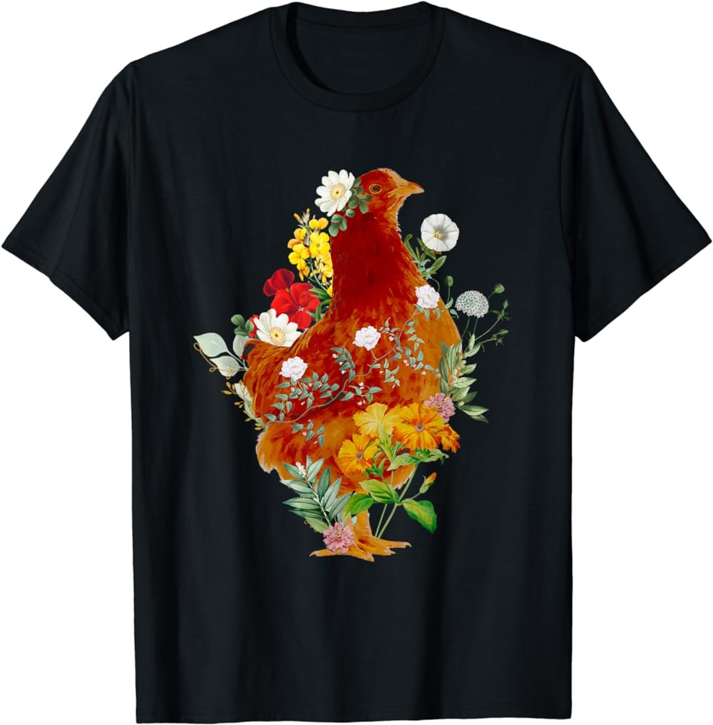 Cute Chicken Vintage Floral Botanical Flower Garden Tee T-Shirt