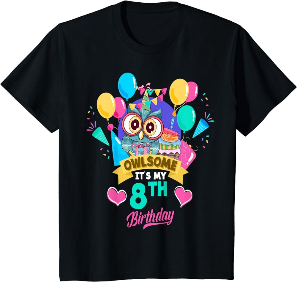 Kids Eight Year Old Birthday Owlsome It's My 8th Birthday Owl T-Shirt