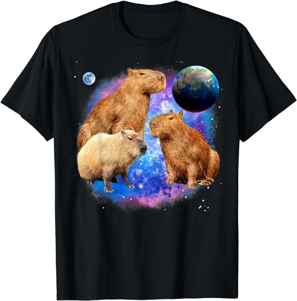 Capybaras Funny Galaxy Earth and Moon T-Shirt