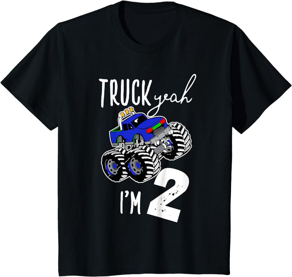 Kids Truck Yeah I'M 2 Monster Truck Birthday Boy Car 2nd Second T-Shirt