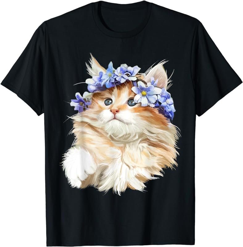 Cute Cat Blue Flower Crown T-Shirt Cats Tee Shirt Gifts