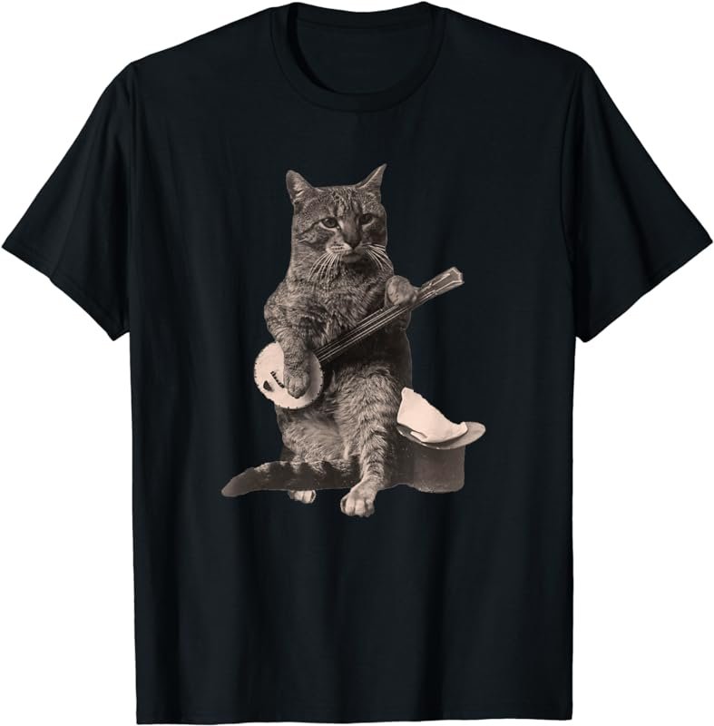Cat Playing Banjo Guitar Short Sleeve T-Shirt