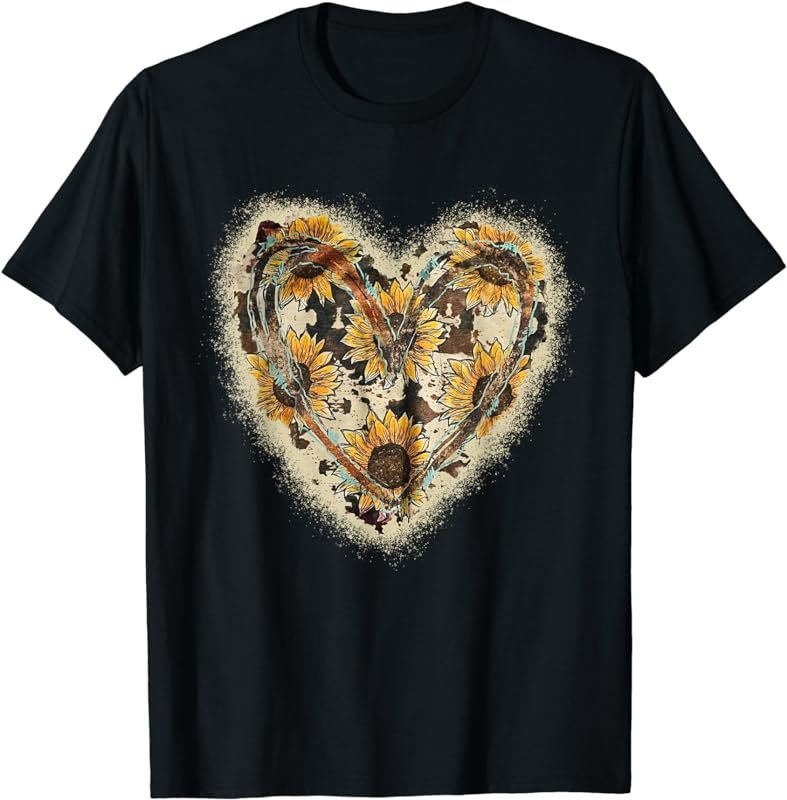 Vintage Bleached Cow Print Heart Sunflower Western Women T-Shirt