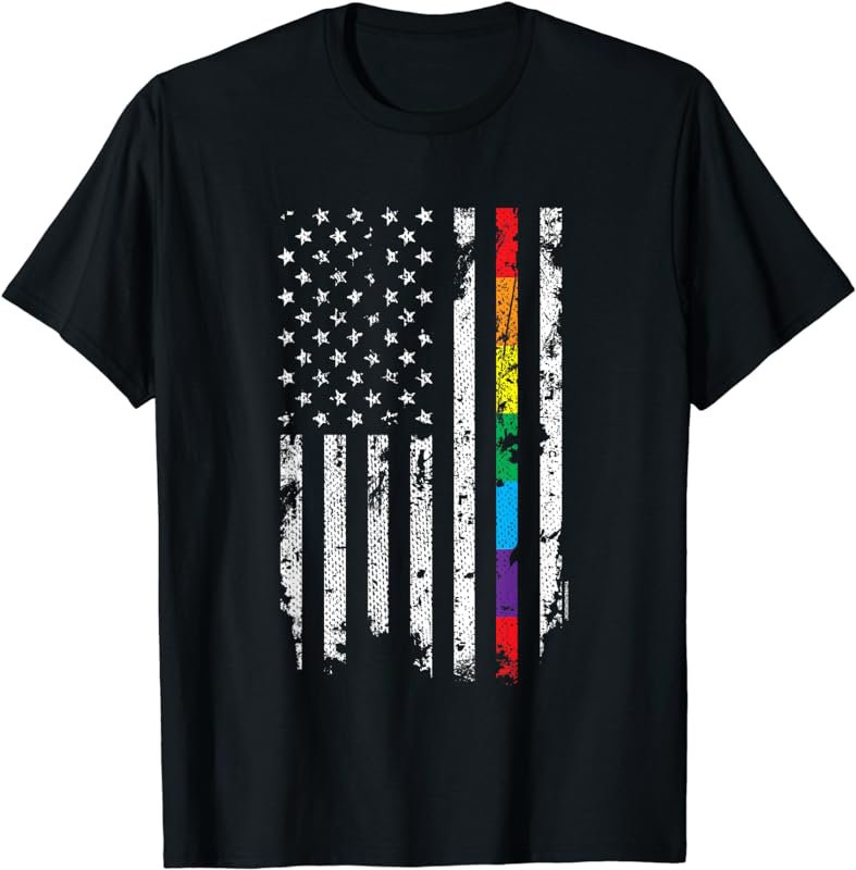 Gay Pride Thin Rainbow Line American Flag T-Shirt