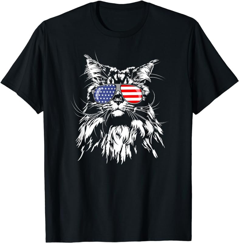 Funny Proud Maine Coon American Flag cat T-Shirt Shirt Tee