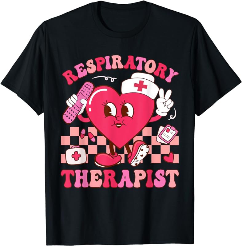 Retro Valentines Day Respiratory Therapist Groovy Cute Heart T-Shirt