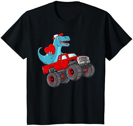 Kids Valentines Day T Rex Riding Monster Truck Funny Toddler Boys T-Shirt