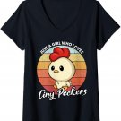 Womens Just A Girl Who Loves Tiny Peckers Funny Chicken Pun V-Neck T-Shirt