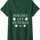 Womens Funny St. Patrick's Day Pinches Get Stitches Shamrock V-Neck T-Shirt