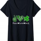Womens Peace Love Luck Shirt Peace Heart Shamrock St Patrick's Day V-Neck T-Shirt