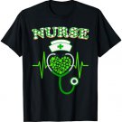 Irish Nurse St Patricks Day Tee Stethoscope & Heartbeat T-Shirt