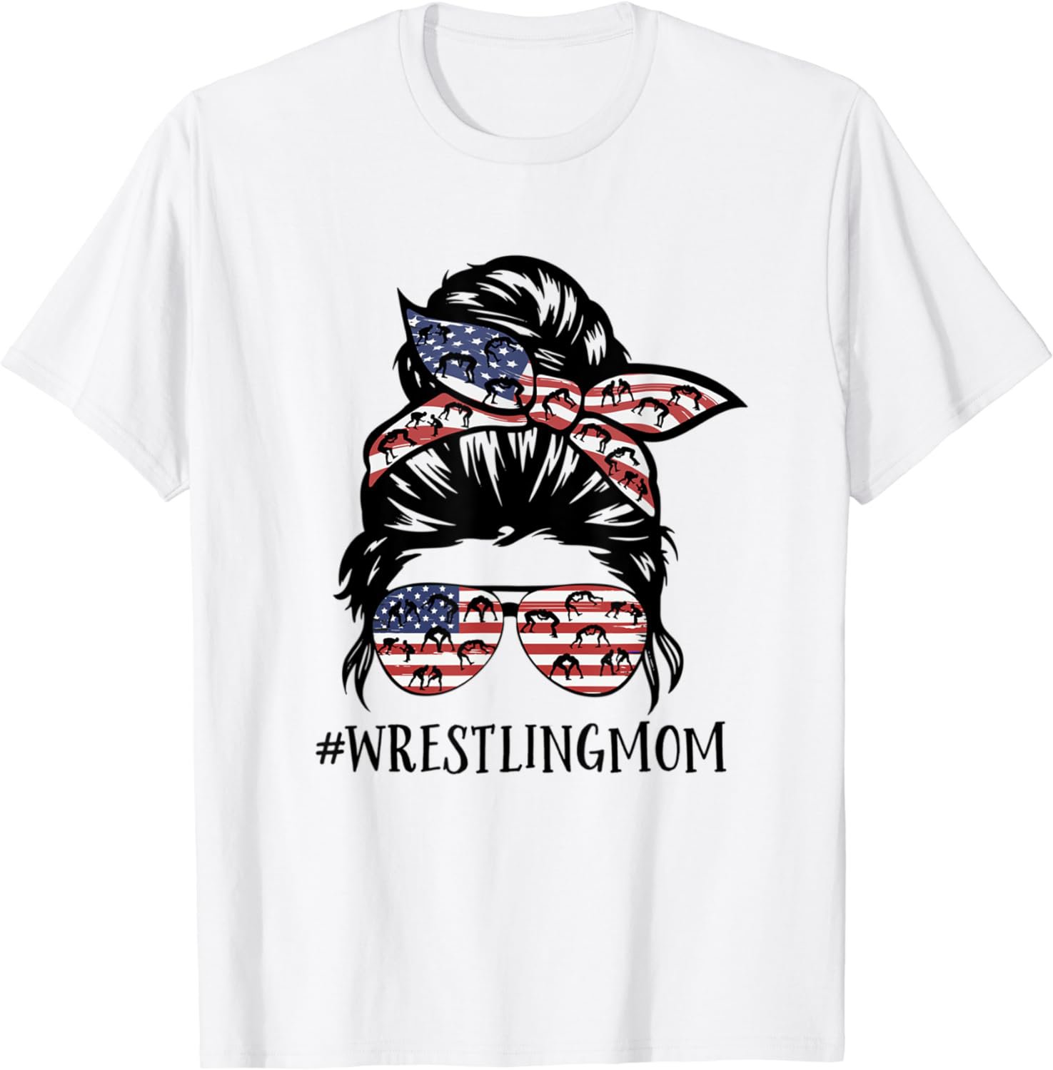 Womens Th America Flag Messy Bun Wrestling Mom Life T-Shirt