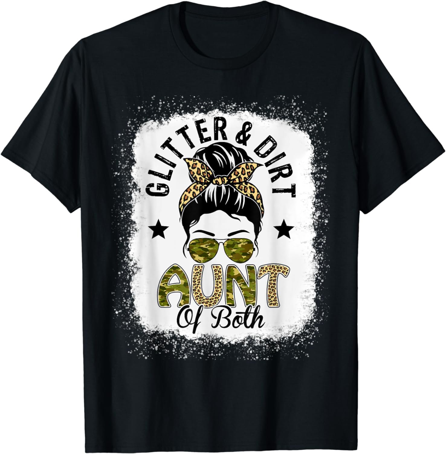 Aunt Of Both Messy Bun Leopard Camo Bleached Mother's Day T-Shirt