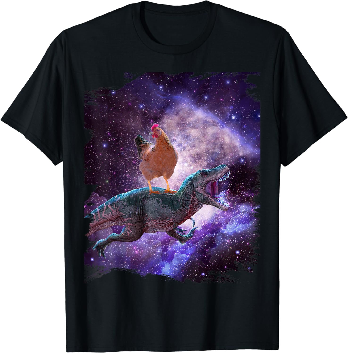 Chicken Riding Dinosaur In Space - Rainbow T-Shirt