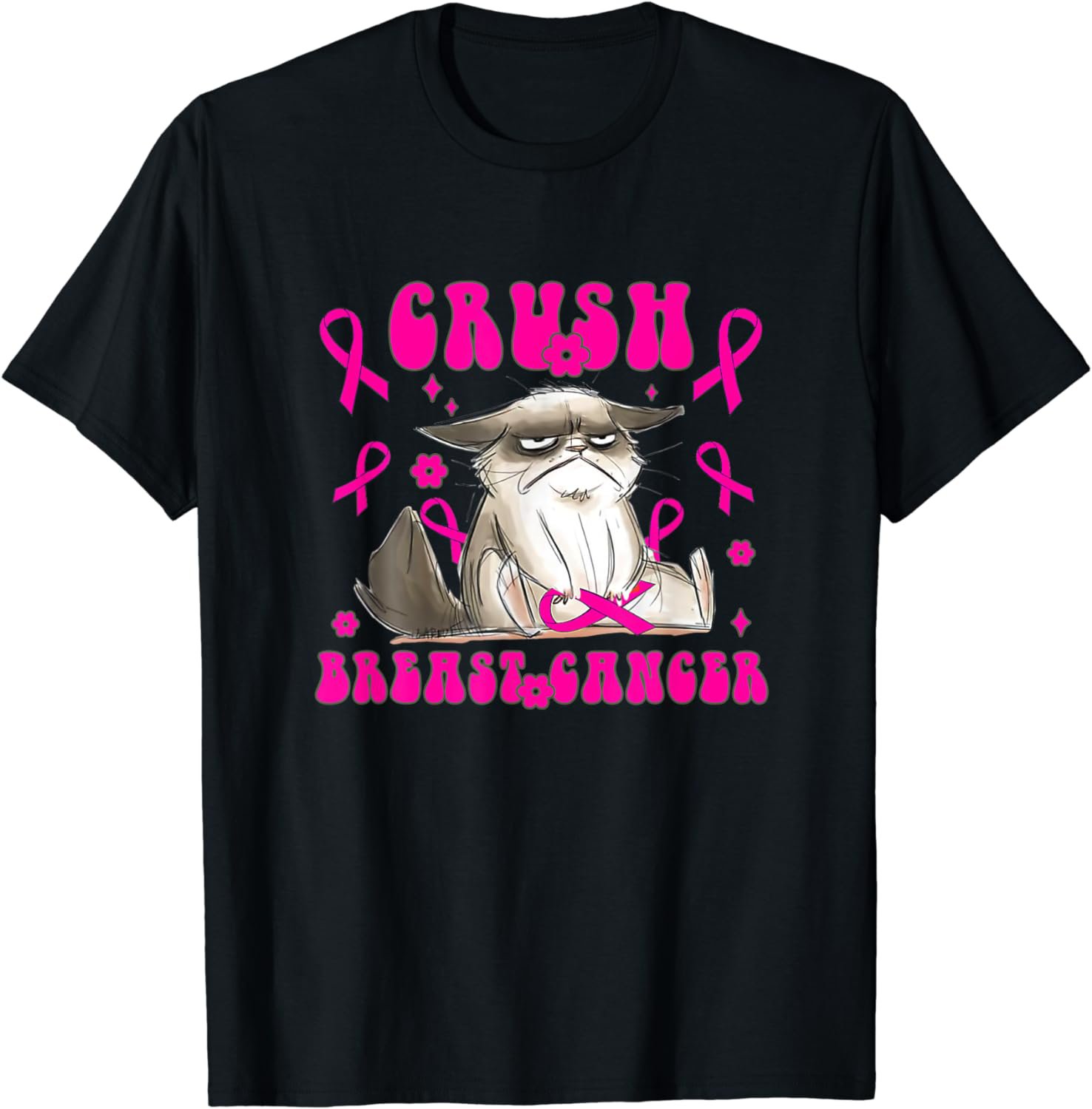 Cute Cat Crush Breast Cancer Pink Ribbon Retro Support T-Shirt