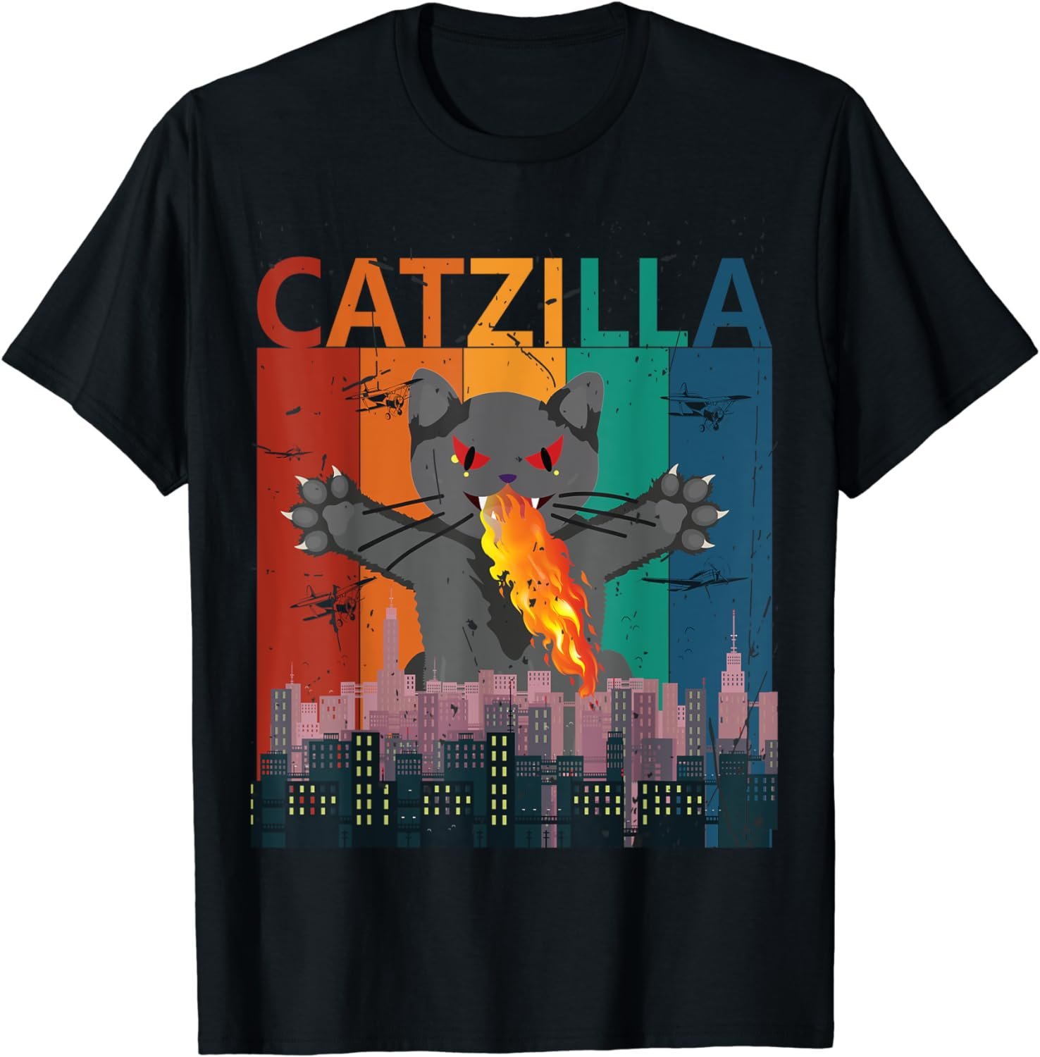 Catzilla Black Cat Japanese Vintage Rainbow Kitten Cute T-Shirt