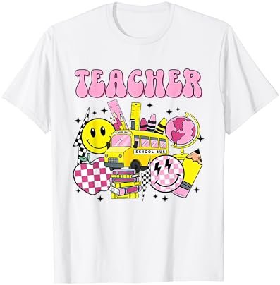 Groovy Teacher Pink Retro Apple Bus Cute First Day of School T-Shirt