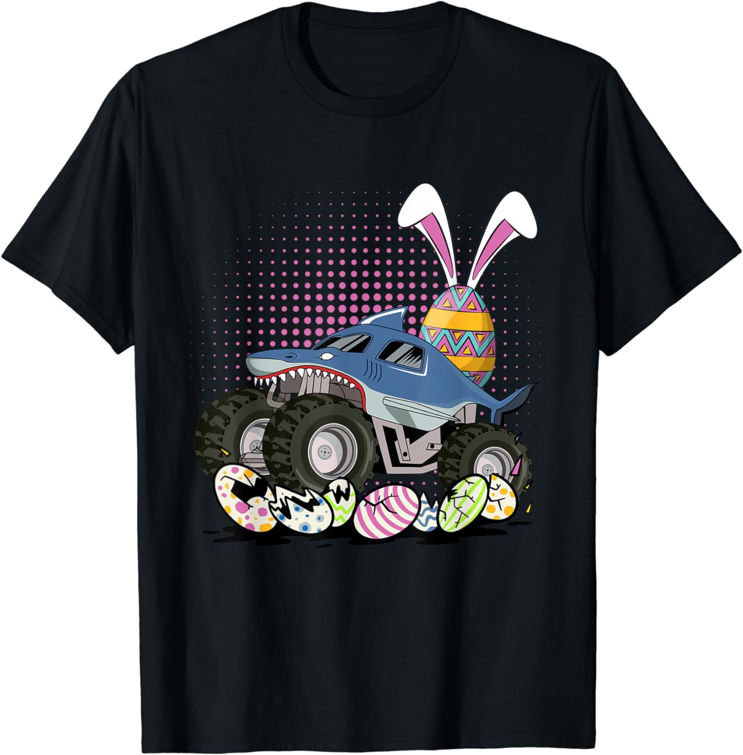 Egg Hunting Riding Truck Shark Crash Colorful Eggs Easter T-Shirt