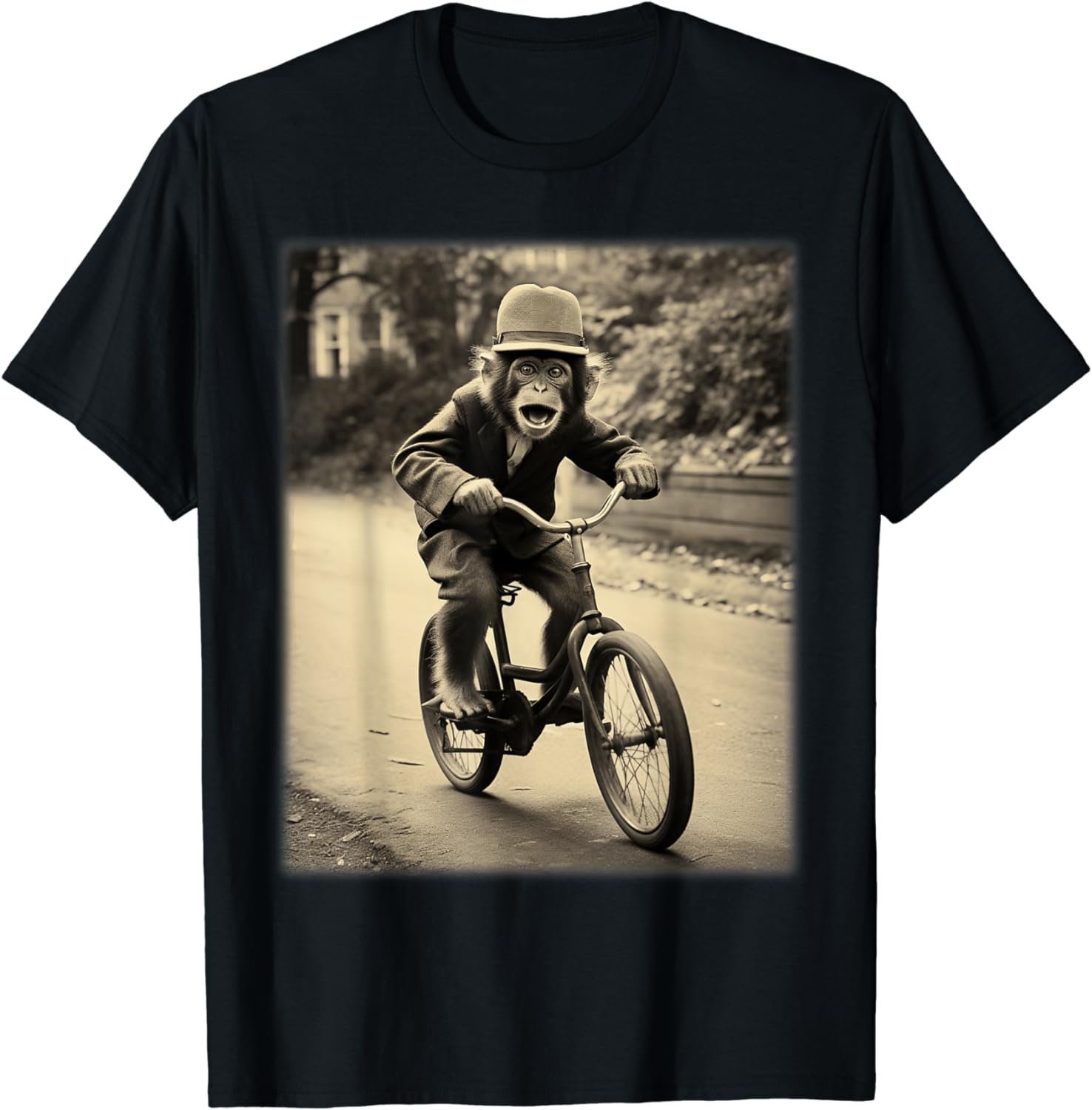 Funny Cute Monkey Chimp Riding Vintage Bicycle Men Woman T-Shirt