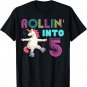 Rolling Into 5 Birthday Roller Skating Cute Unicorn Girl T-Shirt