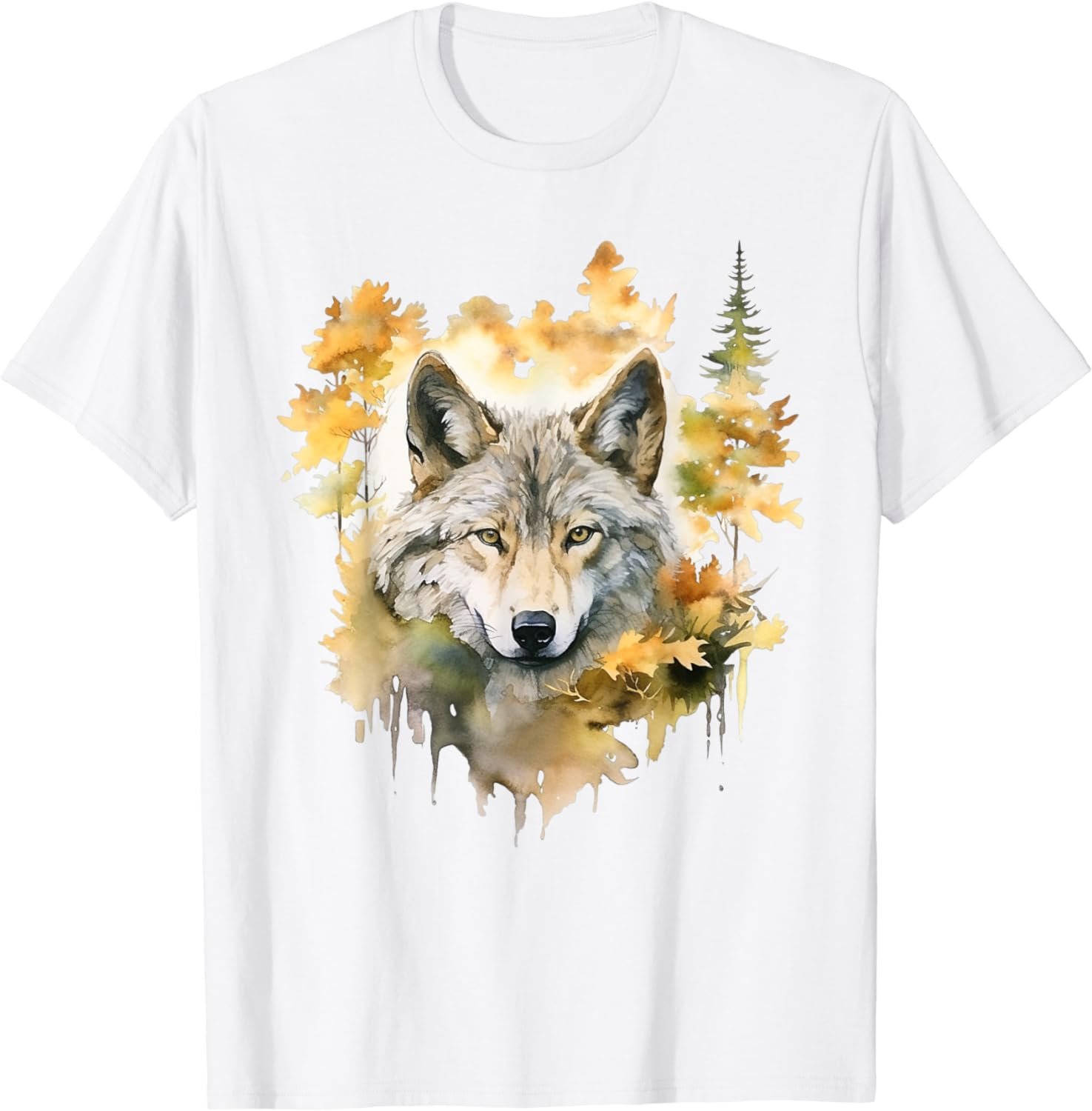 Cute Wolf Art with Trees, Flowers and Mushrooms T-Shirt