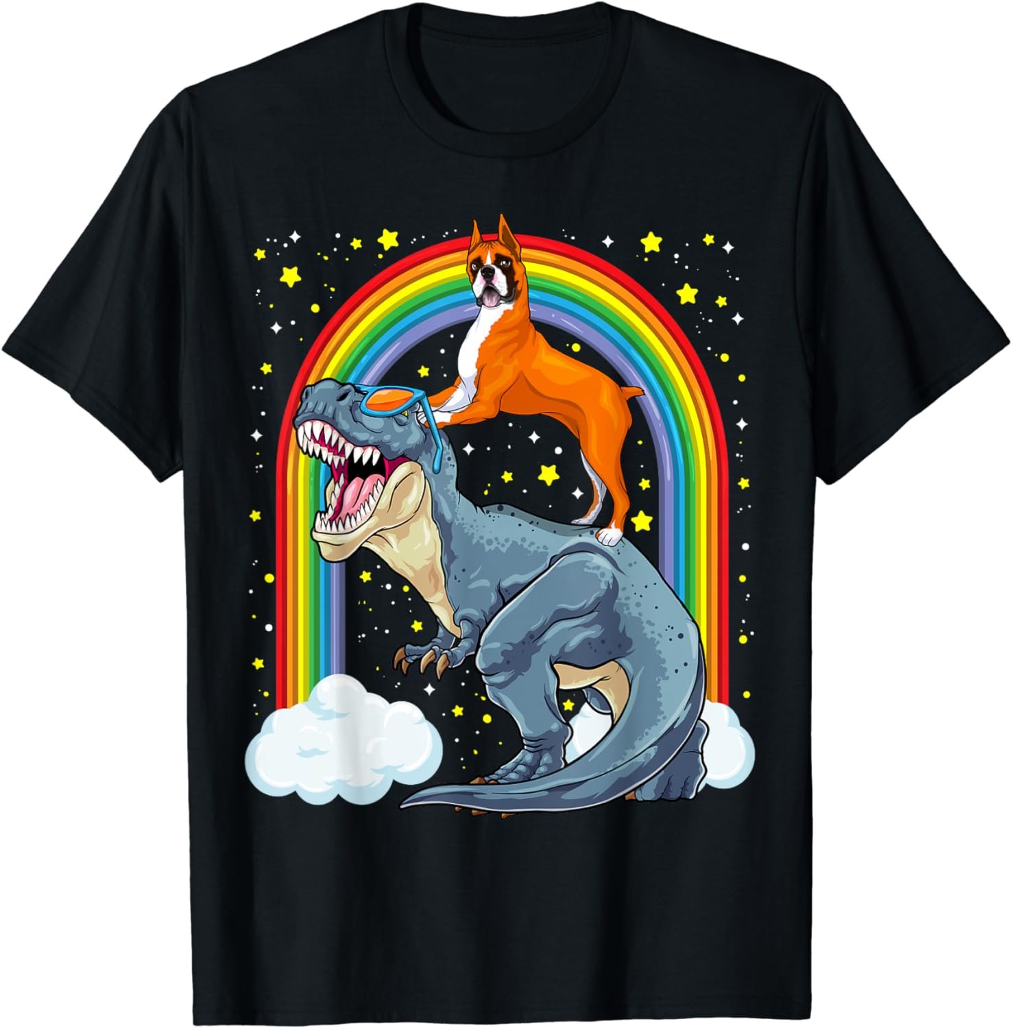 Boxer Riding Dinosaur T-Rex Dog Rainbow Dino Funny T-Shirt