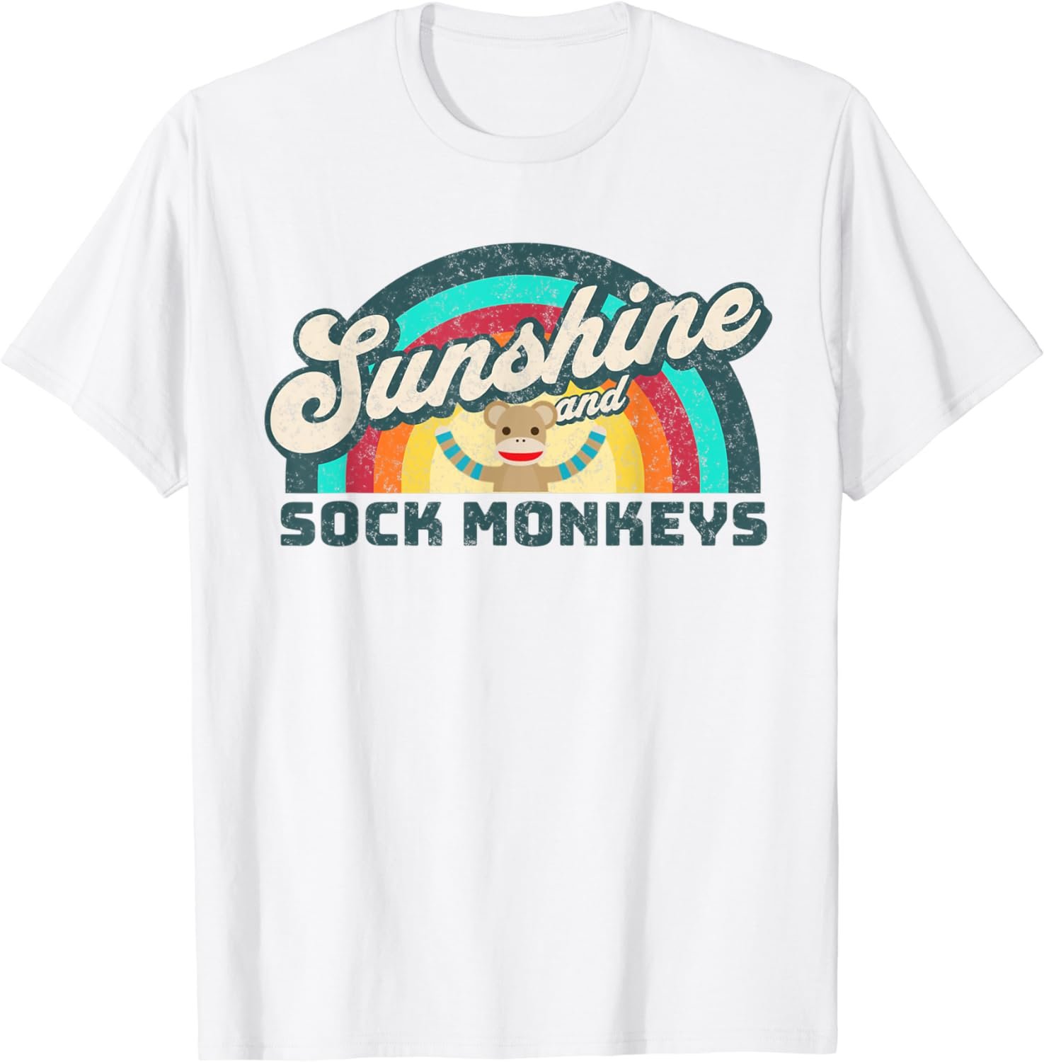 Cute Rainbow Retro Style Sunshine and Sock Monkeys T-Shirt