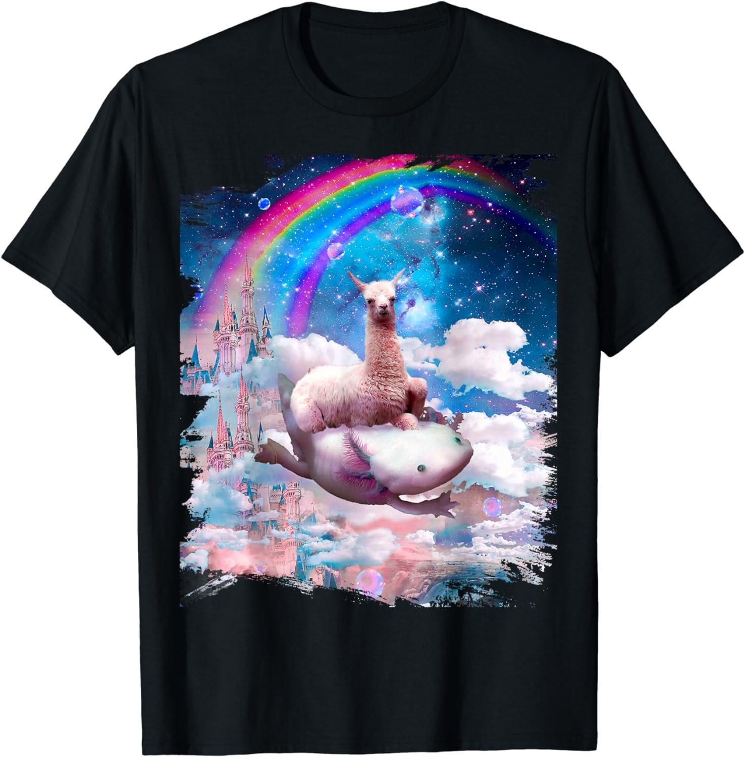 Space Llama Riding Axolotl - Rainbow T-Shirt